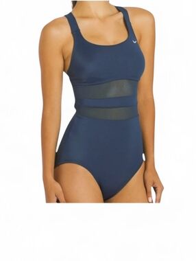 Nike Navy V-Back Mesh Panel One-Piece Swimsuit Medium NWT